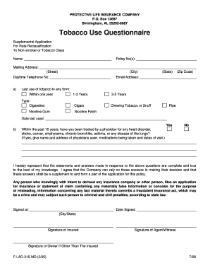 Tobacco Use Questionnaire for Life Insurance
