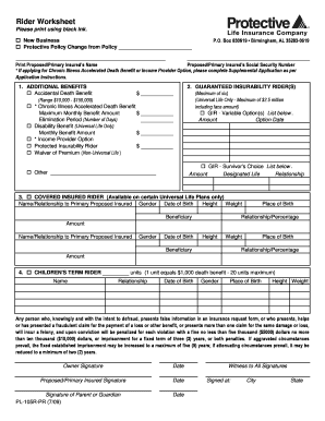 Rider Worksheet for Life Insurance Policy