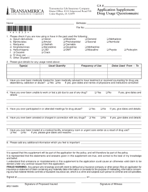 Transamerica Life Insurance Drug Usage Questionnaire