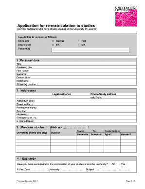 University of Lucerne Re-Matriculation Application