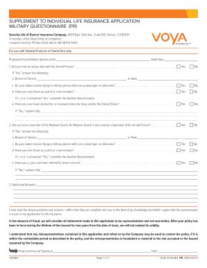Military Questionnaire for Life Insurance Application