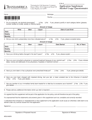 Transamerica Life Insurance Alcohol Usage Questionnaire