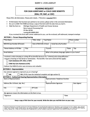 Michigan Hearing Request for Cash or Child Care Benefits
