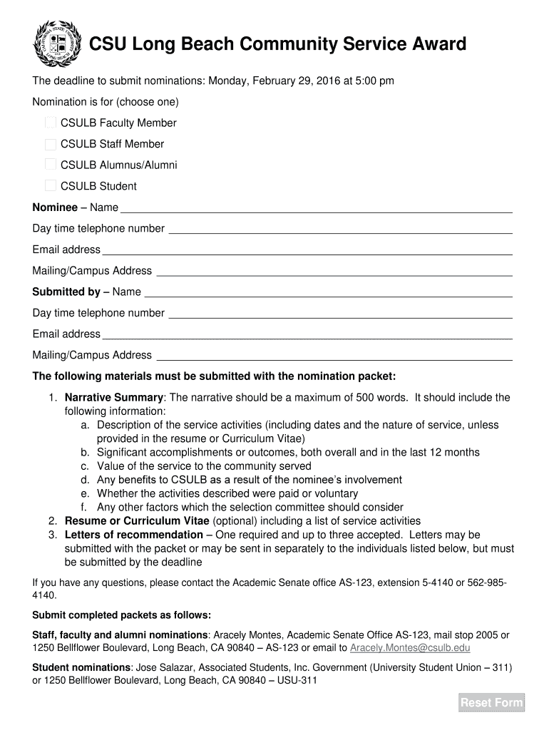 Fillable Online CSU Long Beach Community Service Award. Nomination Form