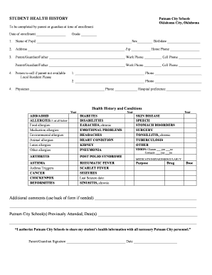 Student Health History Form