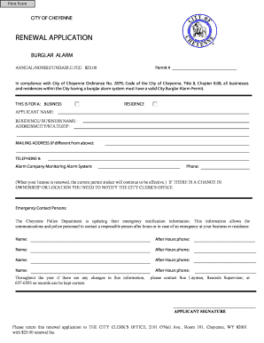 City of Cheyenne Burglar Alarm Permit Renewal Application