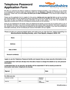 Telephone Password Application Form