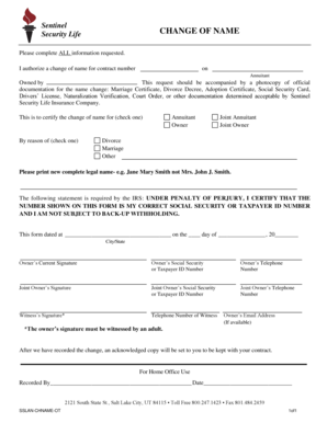 Sentinel Security Life Change of Name Form