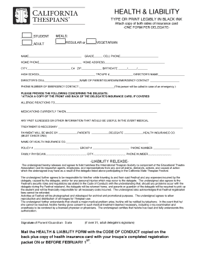 California State Thespian Festival Health and Liability Form