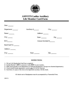 AMVETS Ladies Auxiliary Life Member Card Form