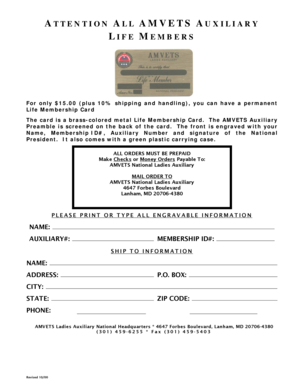 AMVETS Auxiliary Life Membership Card Order Form