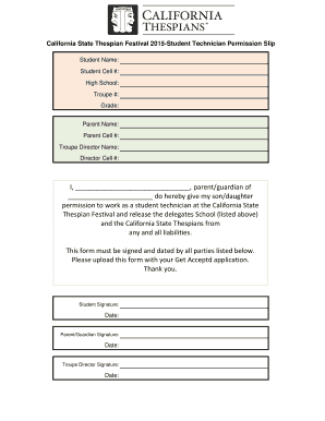 California State Thespian Festival Student Technician Permission Slip