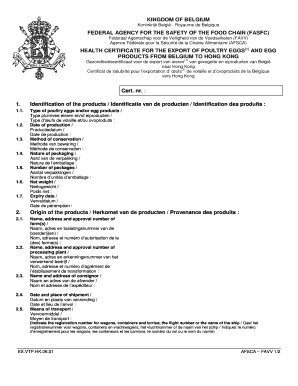 Health Certificate for Export of Poultry Eggs to Hong Kong