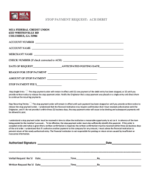 ACH Debit Stop Payment Request