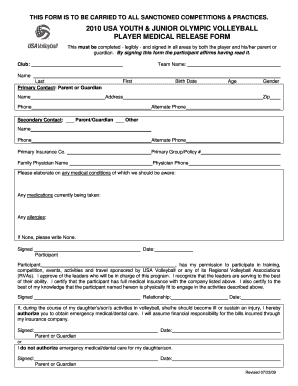 USA Youth Junior Olympic Volleyball Player Medical Release Form