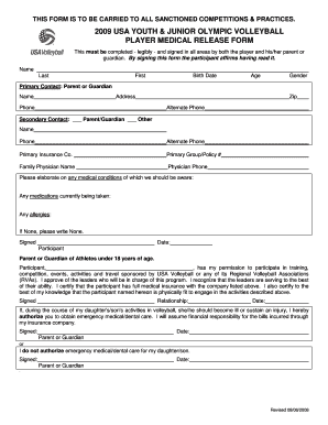 2009 USA Youth Junior Olympic Volleyball Player Medical Release Form