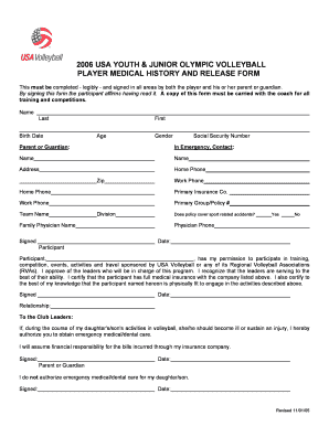 USA Youth Junior Olympic Volleyball Medical Release Form