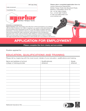Norbar Torque Tools Employment Application Form