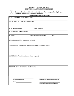Blue Key Honor Society Student Membership Petition