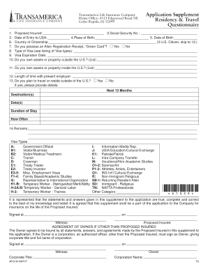 Transamerica Life Insurance Residency Questionnaire