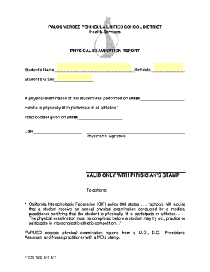 California Student Physical Examination Report