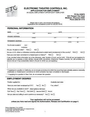 Electronic Theatre Controls Employment Application