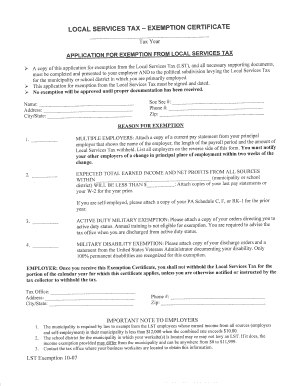 Local Services Tax Exemption Certificate