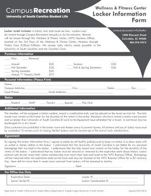 University of South Carolina Locker Rental Form