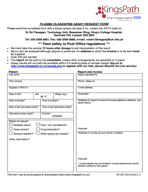 Plasma Olanzapine Assay Request Form