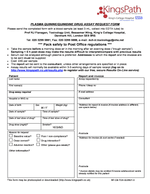 Plasma Quinine/Quinidine Drug Assay Request Form