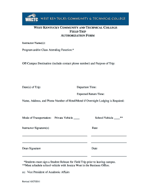 West Kentucky Field Trip Authorization Form