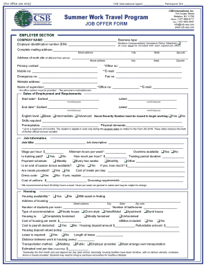 Summer Work Travel Program Job Offer Form