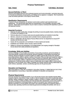 Finance Technician II Dept: Finance FLSA Status: NonExempt General Definition of Work Performs intermediate technical work monitoring payment and invoice information, conducting data entry for financial recordkeeping and processing, and - -