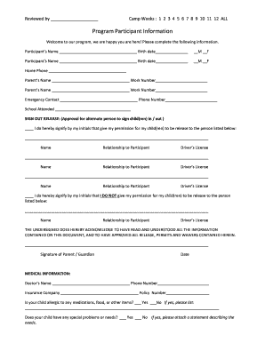 City of Bedford Camp Participation Form