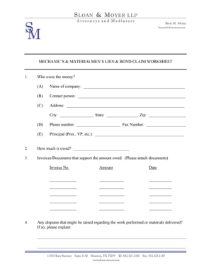 Mechanic’s Lien Claim Worksheet