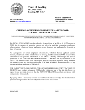 Criminal Offender Record Information (CORI) Acknowledgement Form