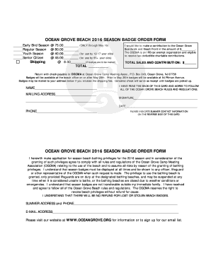 Ocean Grove Beach 2016 Season Badge Order Form