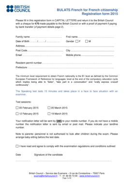 Formulaire d'inscription BULATS pour la nationalité française 2015