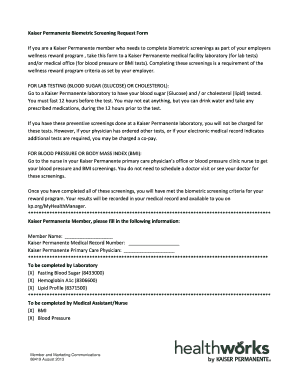 Kaiser Permanente Biometric Screening Request Form