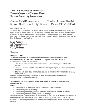 Utah Parent Consent Form for Human Sexuality Instruction