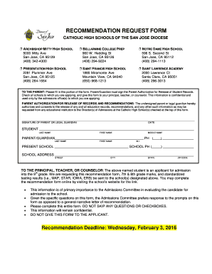 Catholic High School Recommendation Request Form
