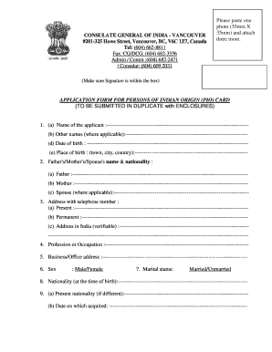 Application Form for Persons of Indian Origin (PIO) Card