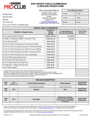Purina Pro Club Dog Weight Circle Submission and Reward Order Form