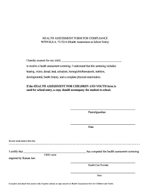 Kansas School Entry Health Assessment Form