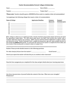 Teacher Recommendation Form for Colleges & Scholarships