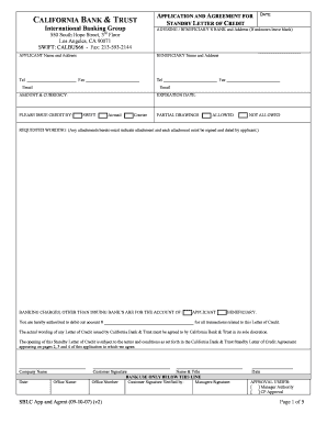 California Standby Letter of Credit Application and Agreement