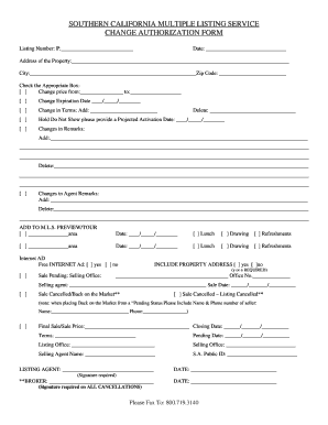 Southern California Multiple Listing Service Change Authorization Form