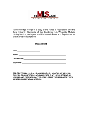 CLAW MLS Rules & Regulations Acknowledgment Form