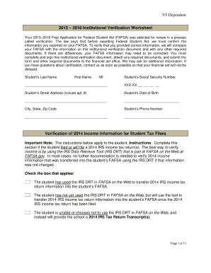 2015-2016 Institutional Verification Worksheet