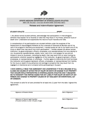 University of Colorado Sports Medicine Release and Indemnification Agreement